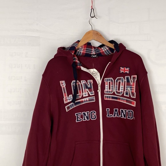 NOS Hoodie Womens XXL Burgundy Cotton Blend London England Plaid Lined Zip Up - Picture 5 of 9